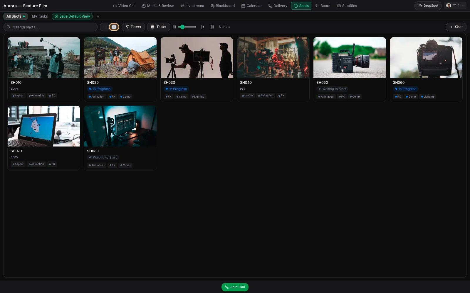 Track the whole shot — Visual cards connect work, owners, status, and media.